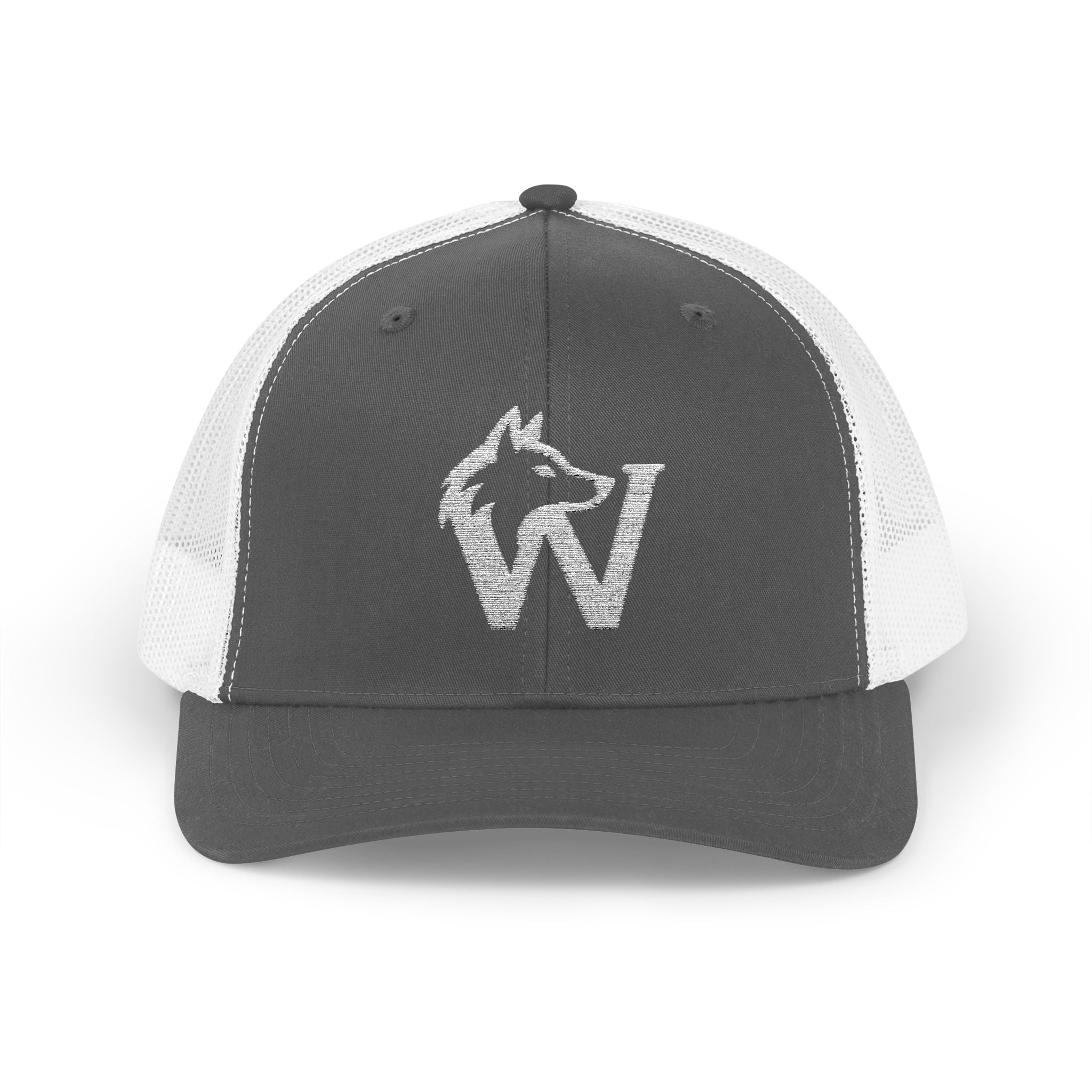 Wolf W Embroidered Trucker Cap — Red Snapback Hat